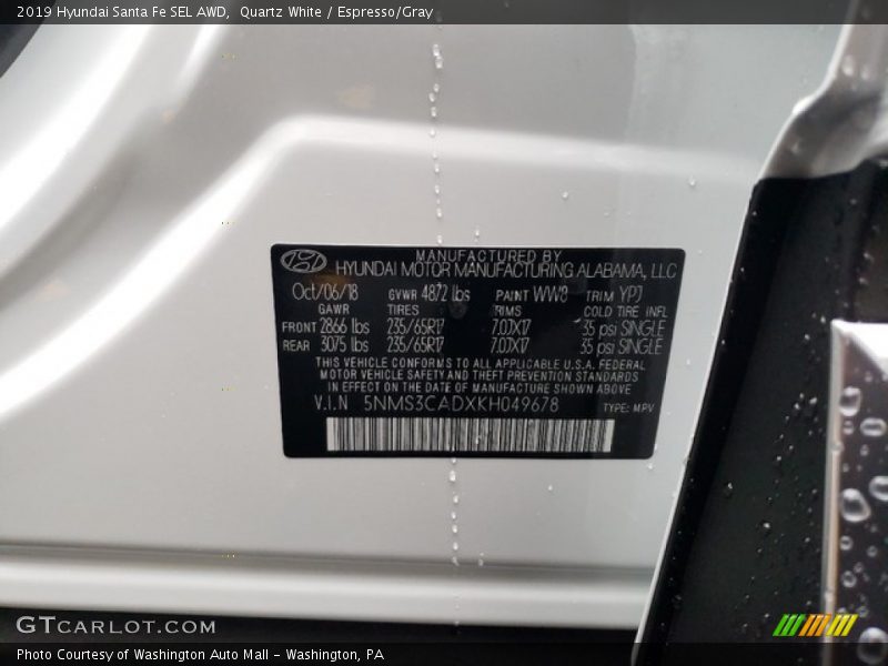 Quartz White / Espresso/Gray 2019 Hyundai Santa Fe SEL AWD