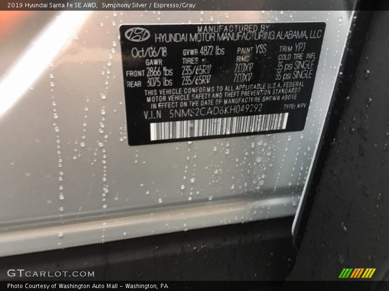 Symphony Silver / Espresso/Gray 2019 Hyundai Santa Fe SE AWD