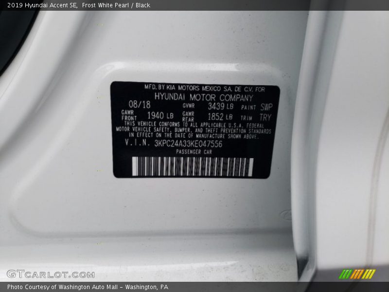 Frost White Pearl / Black 2019 Hyundai Accent SE