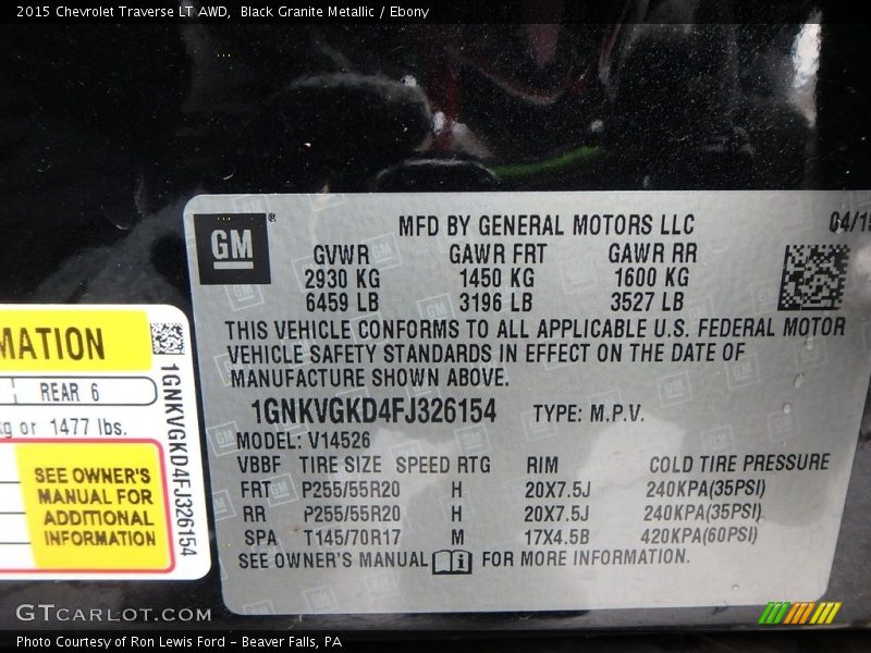 Black Granite Metallic / Ebony 2015 Chevrolet Traverse LT AWD