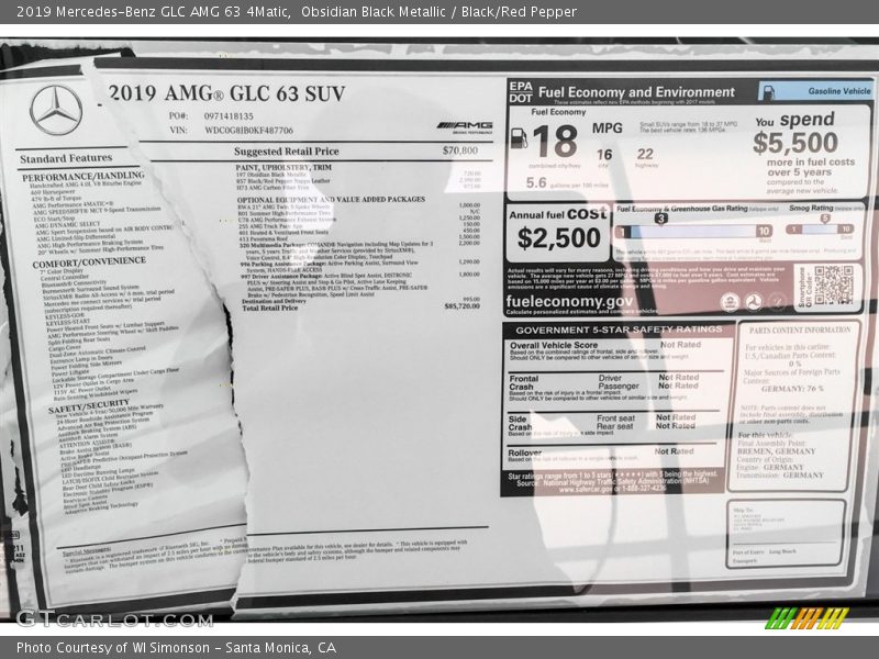  2019 GLC AMG 63 4Matic Window Sticker