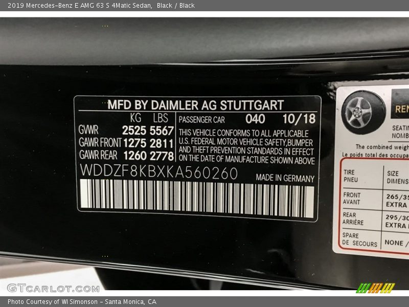 2019 E AMG 63 S 4Matic Sedan Black Color Code 040