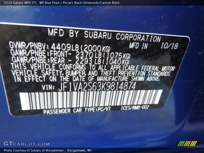 WR Blue Pearl / Recaro Black Ultrasuede/Carbon Black 2019 Subaru WRX STI