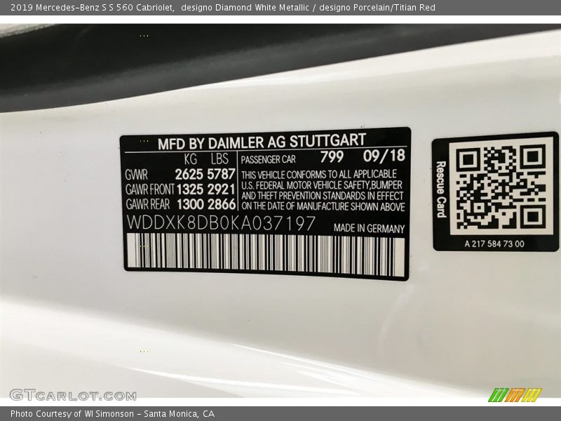 2019 S S 560 Cabriolet designo Diamond White Metallic Color Code 799