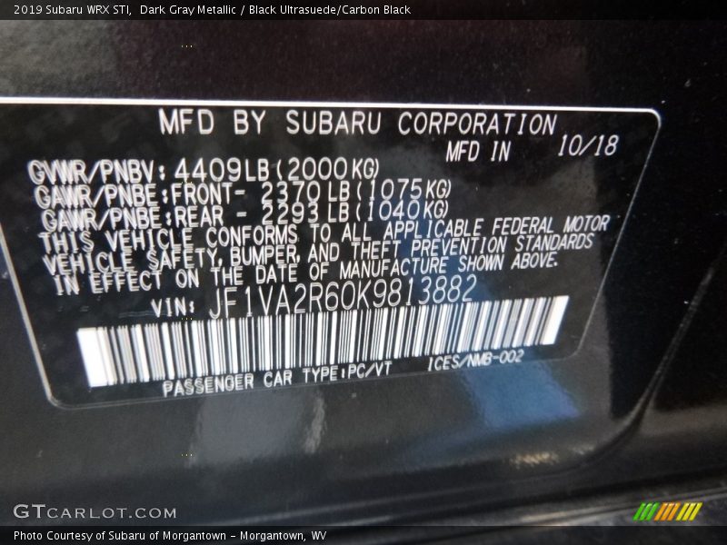 Dark Gray Metallic / Black Ultrasuede/Carbon Black 2019 Subaru WRX STI