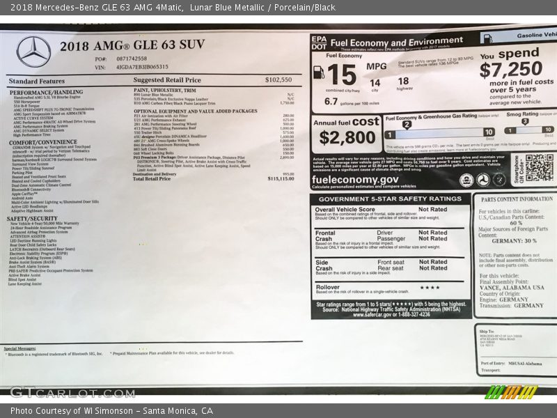  2018 GLE 63 AMG 4Matic Window Sticker