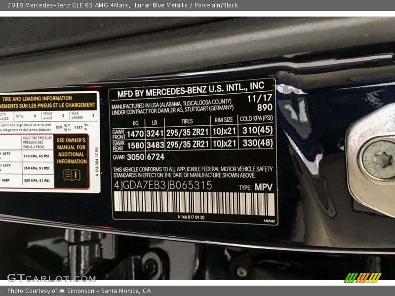 2018 GLE 63 AMG 4Matic Lunar Blue Metallic Color Code 890