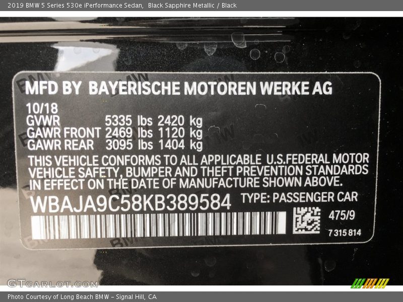 Black Sapphire Metallic / Black 2019 BMW 5 Series 530e iPerformance Sedan