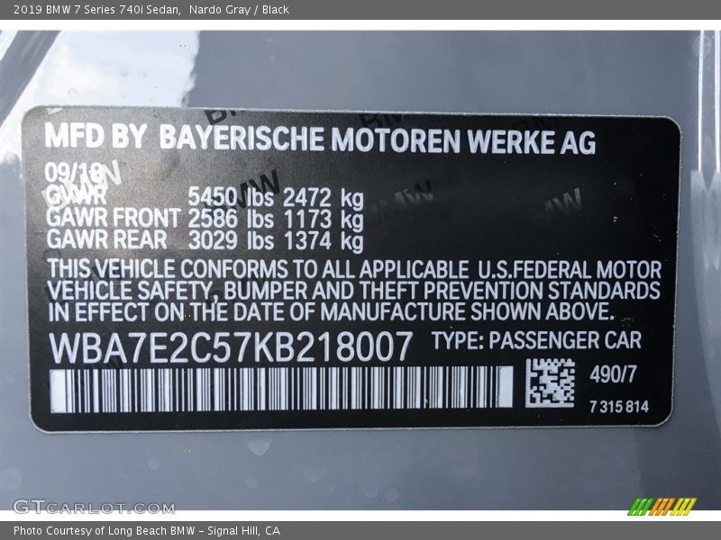 2019 7 Series 740i Sedan Nardo Gray Color Code 490