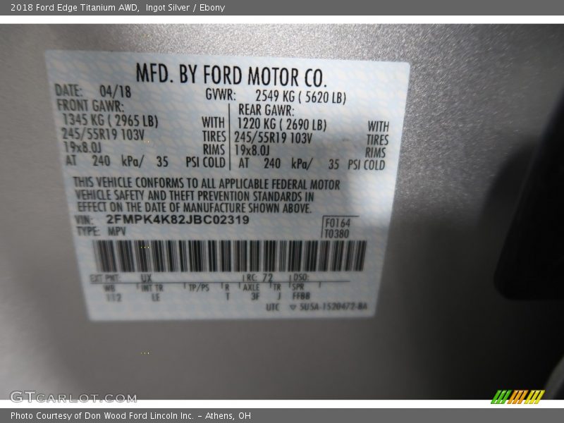 Ingot Silver / Ebony 2018 Ford Edge Titanium AWD