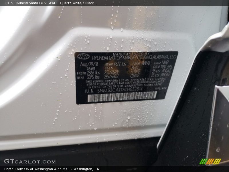 Quartz White / Black 2019 Hyundai Santa Fe SE AWD