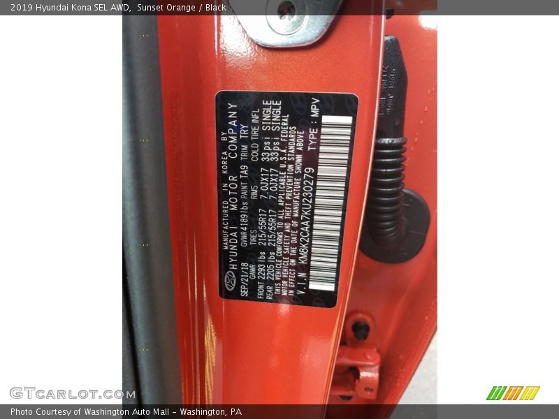 2019 Kona SEL AWD Sunset Orange Color Code TA9