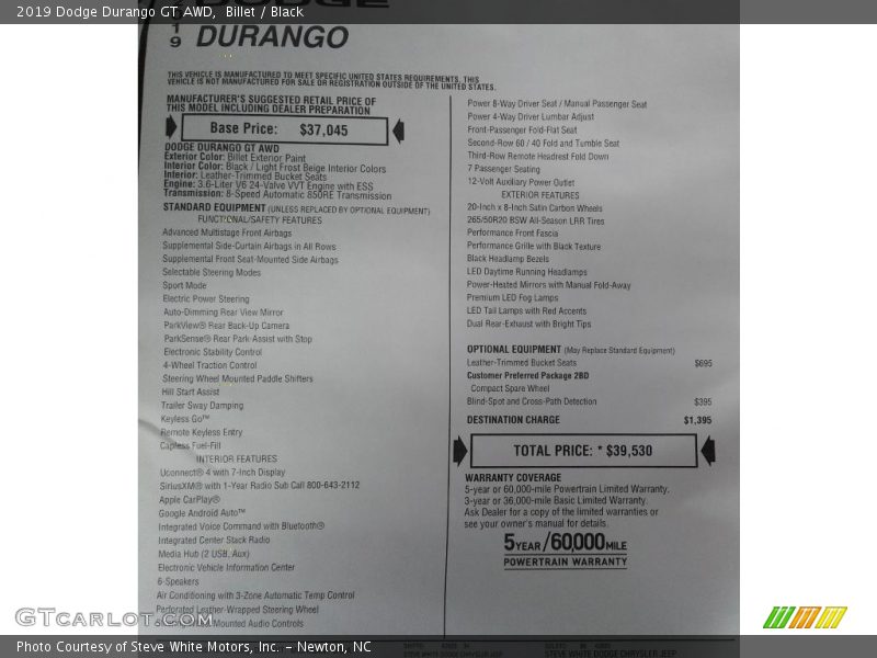 Billet / Black 2019 Dodge Durango GT AWD