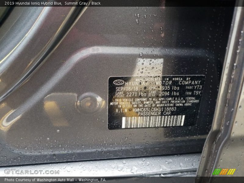 2019 Ioniq Hybrid Blue Summit Gray Color Code YT3