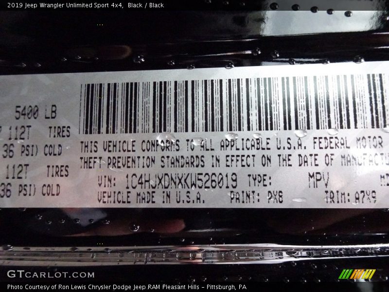 2019 Wrangler Unlimited Sport 4x4 Black Color Code PX8