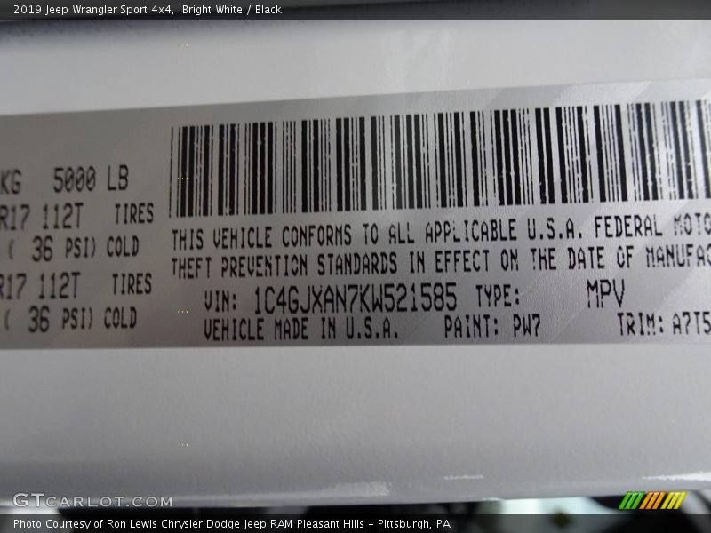 2019 Wrangler Sport 4x4 Bright White Color Code PW7