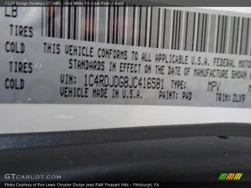 Vice White Tri-Coat Pearl / Black 2018 Dodge Durango GT AWD