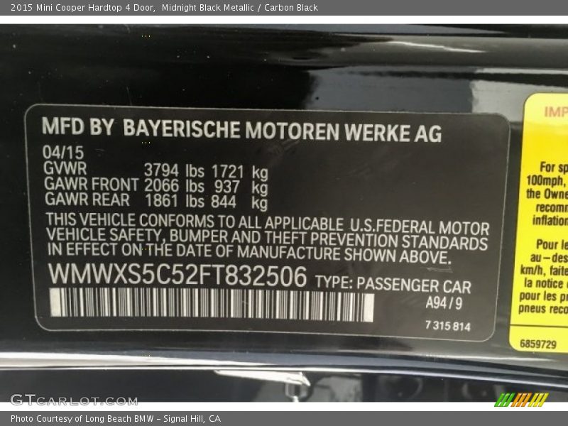 Midnight Black Metallic / Carbon Black 2015 Mini Cooper Hardtop 4 Door