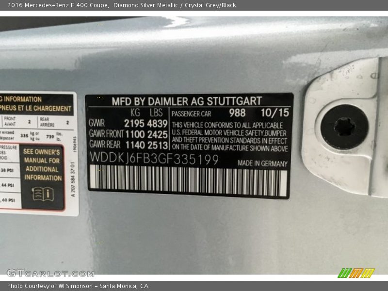 Diamond Silver Metallic / Crystal Grey/Black 2016 Mercedes-Benz E 400 Coupe