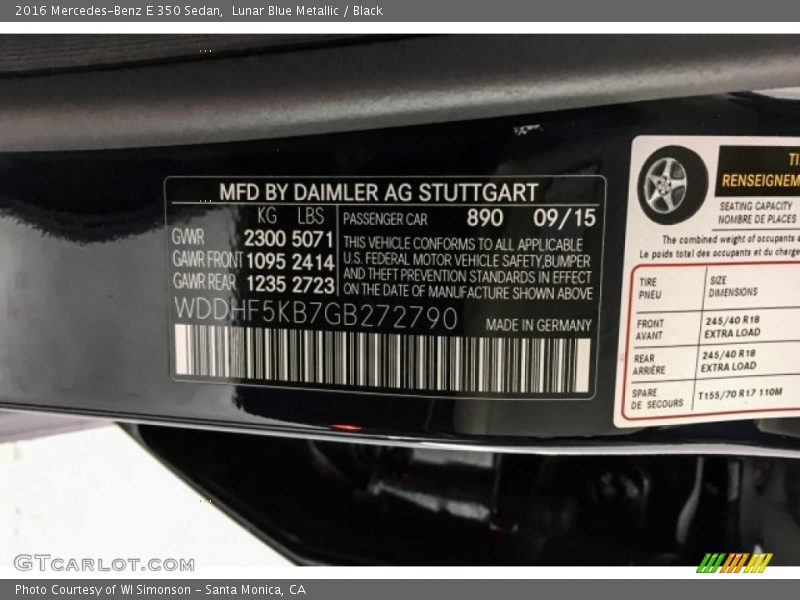 Lunar Blue Metallic / Black 2016 Mercedes-Benz E 350 Sedan