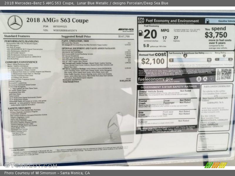 Lunar Blue Metallic / designo Porcelain/Deep Sea Blue 2018 Mercedes-Benz S AMG S63 Coupe