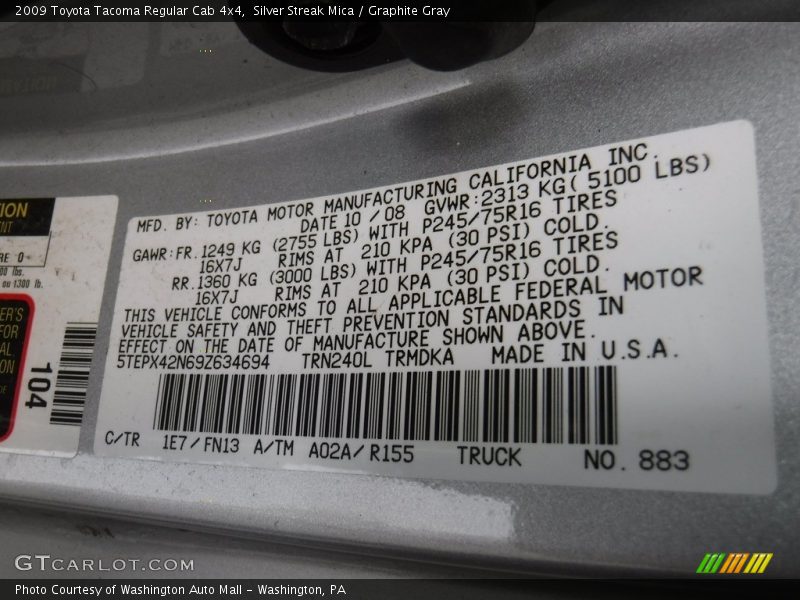 Silver Streak Mica / Graphite Gray 2009 Toyota Tacoma Regular Cab 4x4