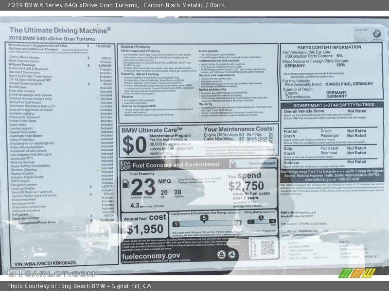  2019 6 Series 640i xDrive Gran Turismo Window Sticker