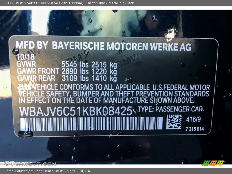 2019 6 Series 640i xDrive Gran Turismo Carbon Black Metallic Color Code 416