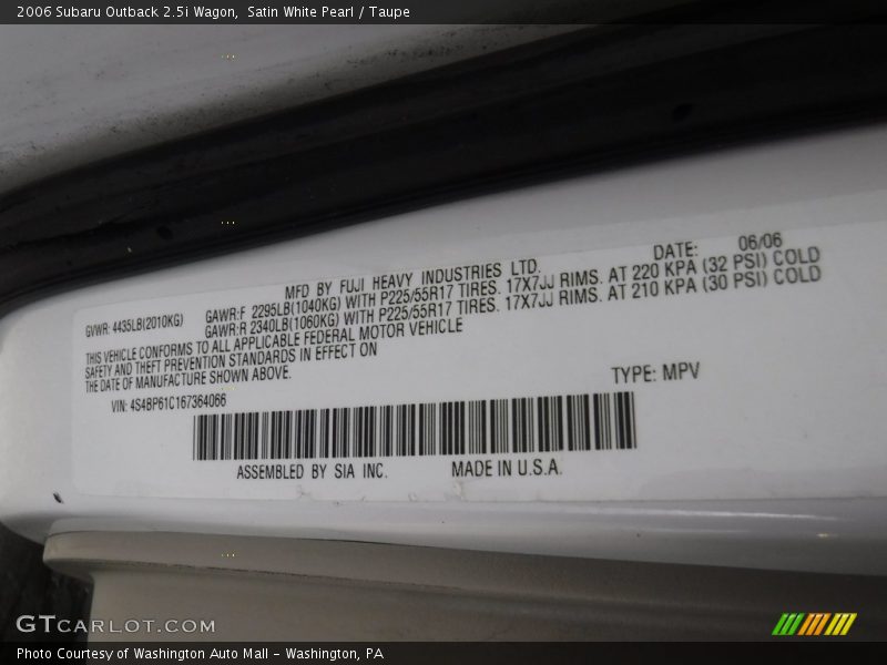 Satin White Pearl / Taupe 2006 Subaru Outback 2.5i Wagon