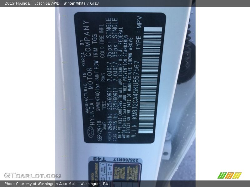 Winter White / Gray 2019 Hyundai Tucson SE AWD