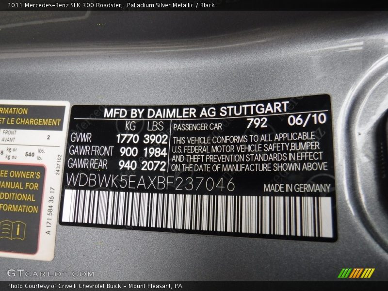 Palladium Silver Metallic / Black 2011 Mercedes-Benz SLK 300 Roadster