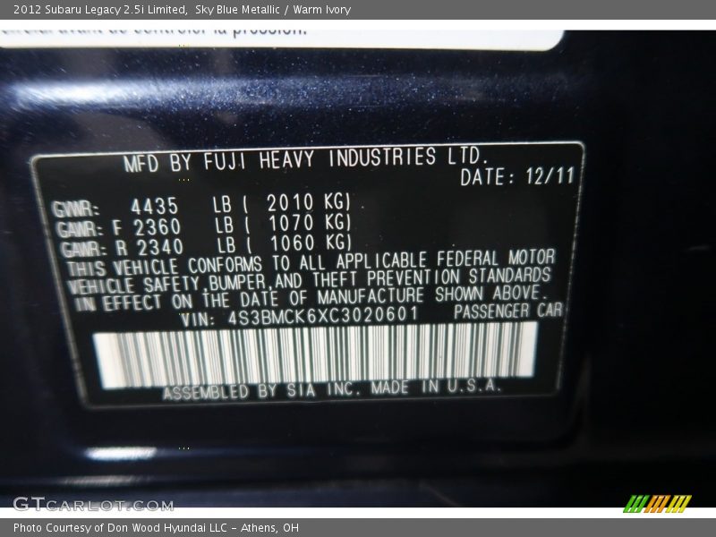Sky Blue Metallic / Warm Ivory 2012 Subaru Legacy 2.5i Limited