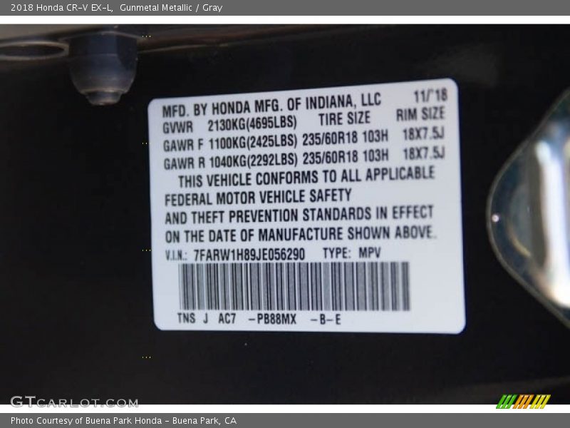 Gunmetal Metallic / Gray 2018 Honda CR-V EX-L