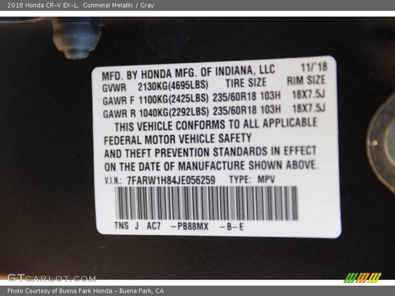 Gunmetal Metallic / Gray 2018 Honda CR-V EX-L