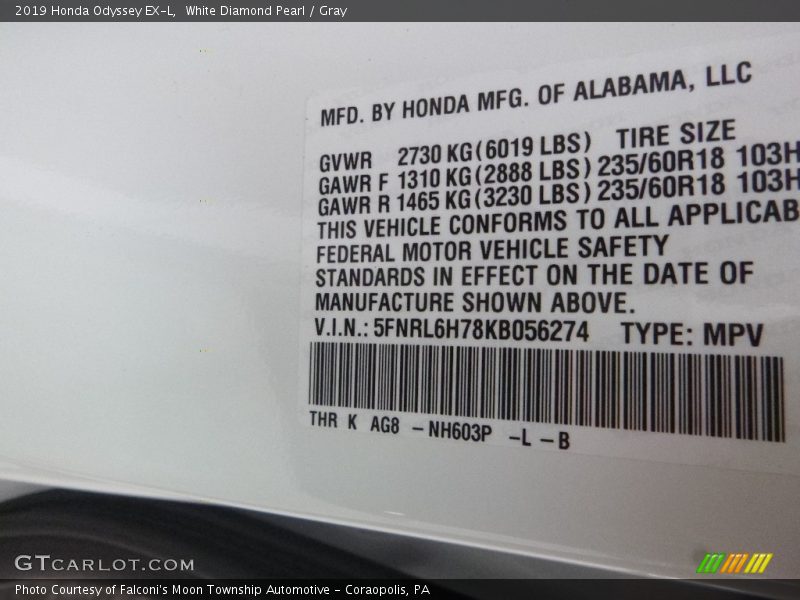 White Diamond Pearl / Gray 2019 Honda Odyssey EX-L