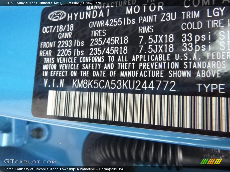 2019 Kona Ultimate AWD Surf Blue Color Code Z3U