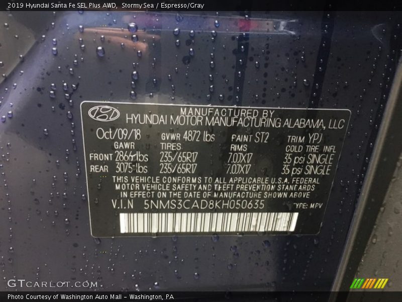 Stormy Sea / Espresso/Gray 2019 Hyundai Santa Fe SEL Plus AWD
