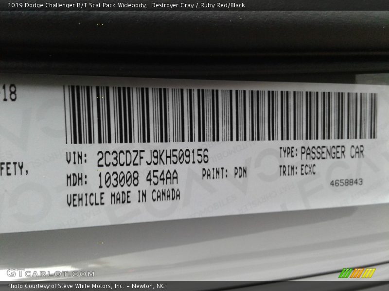2019 Challenger R/T Scat Pack Widebody Destroyer Gray Color Code PDN