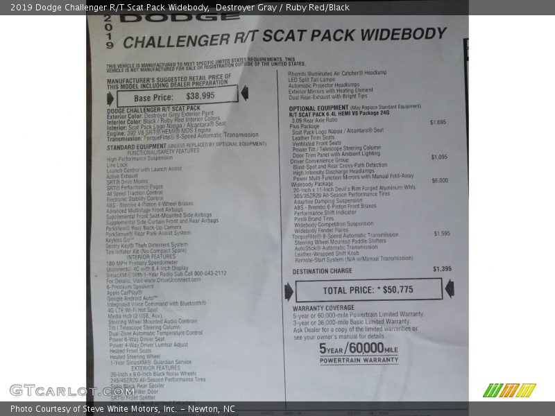  2019 Challenger R/T Scat Pack Widebody Window Sticker