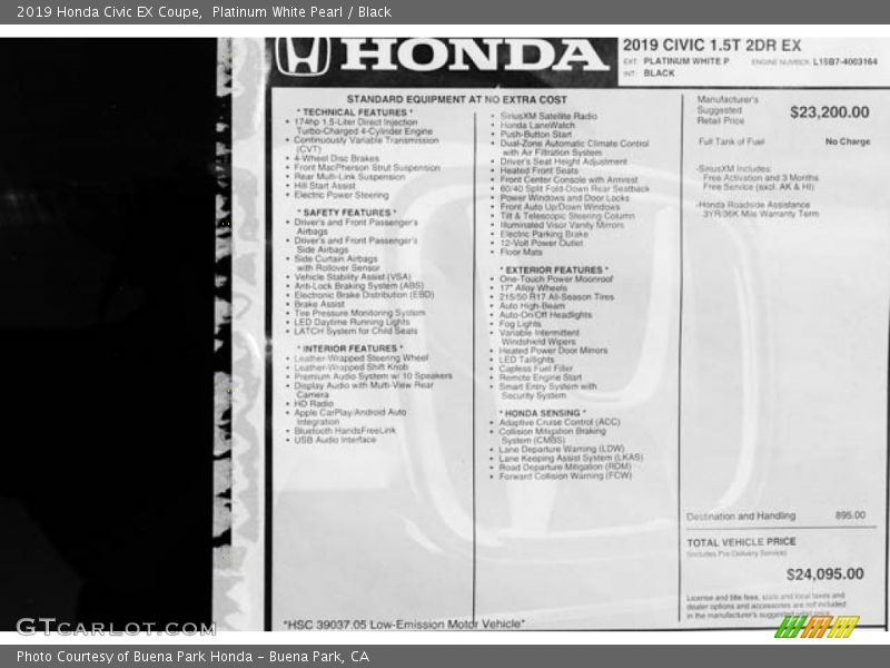  2019 Civic EX Coupe Window Sticker