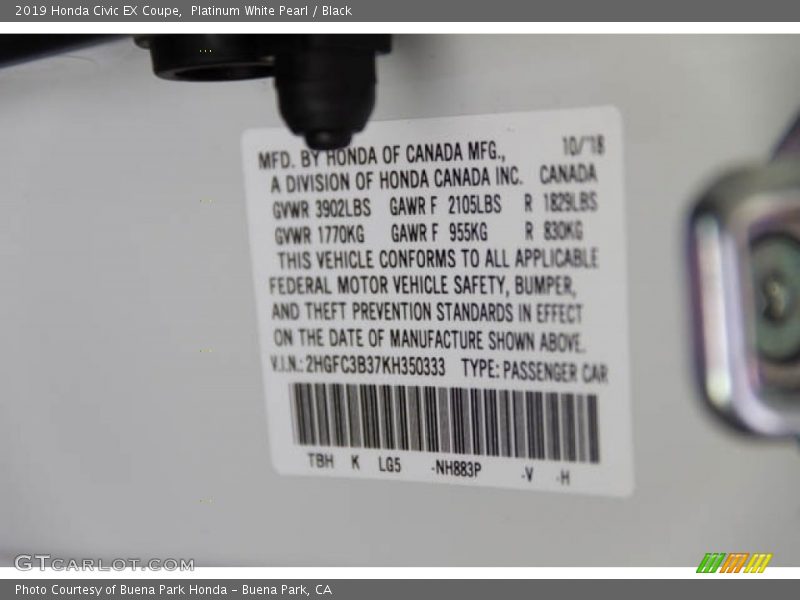 2019 Civic EX Coupe Platinum White Pearl Color Code NH883P