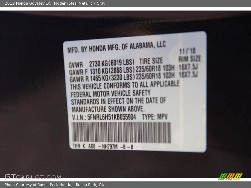 Modern Steel Metallic / Gray 2019 Honda Odyssey EX