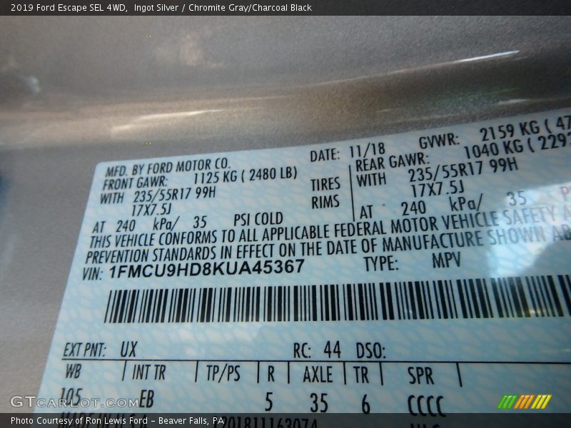 Ingot Silver / Chromite Gray/Charcoal Black 2019 Ford Escape SEL 4WD