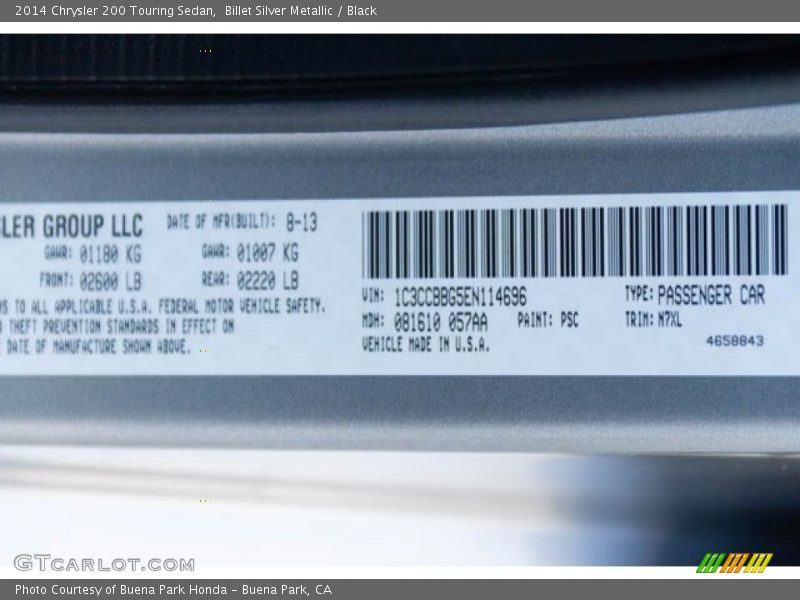 Billet Silver Metallic / Black 2014 Chrysler 200 Touring Sedan