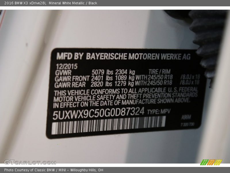Mineral White Metallic / Black 2016 BMW X3 xDrive28i