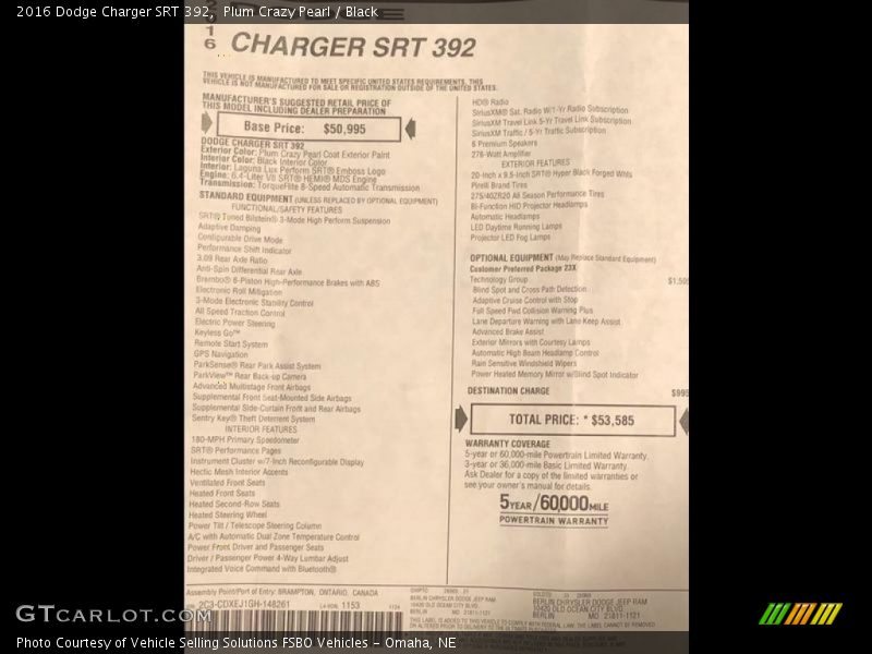  2016 Charger SRT 392 Window Sticker