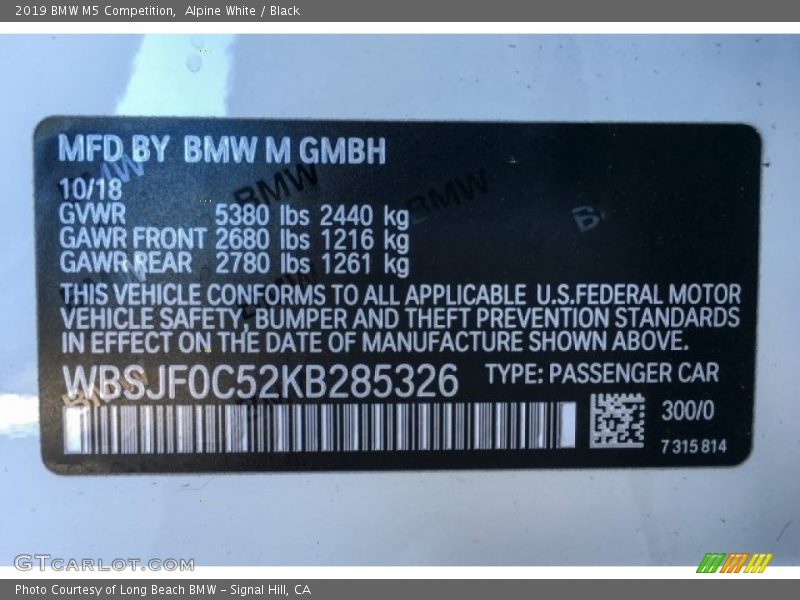 2019 M5 Competition Alpine White Color Code 300