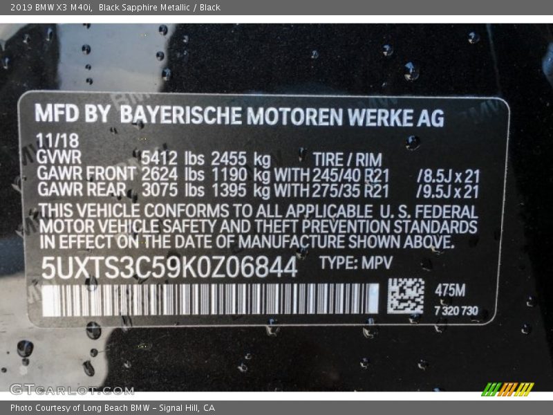 2019 X3 M40i Black Sapphire Metallic Color Code 475