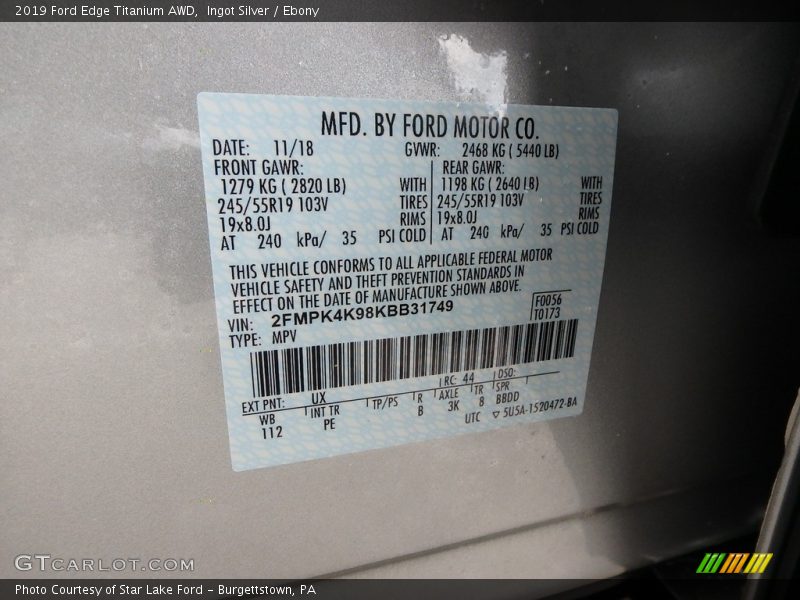 Ingot Silver / Ebony 2019 Ford Edge Titanium AWD