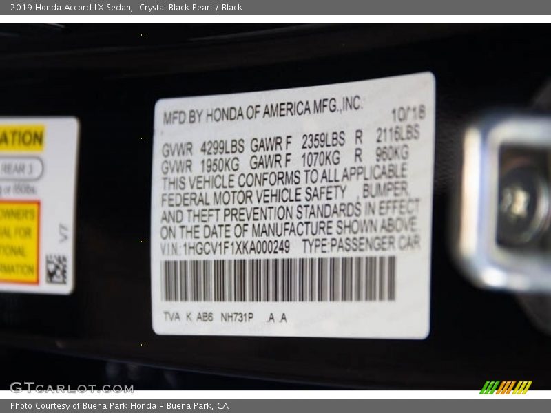 2019 Accord LX Sedan Crystal Black Pearl Color Code NH731P